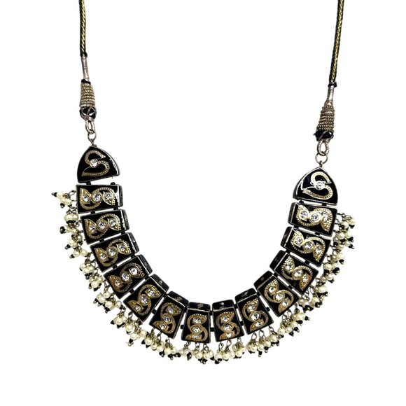 Jewelry - Ethnic-Inspired Black/Gold Beaded Necklace W/Intricate Detailing & Adjust. Cord